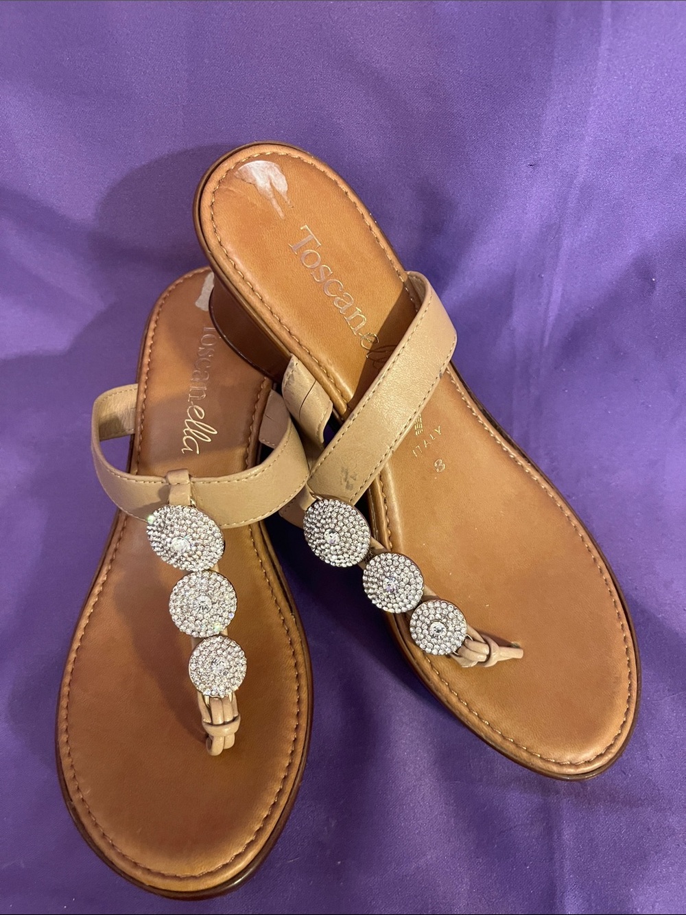 Camilla Tan Leather Toe-Post Sandals with Crystal Discs
Made in Italy